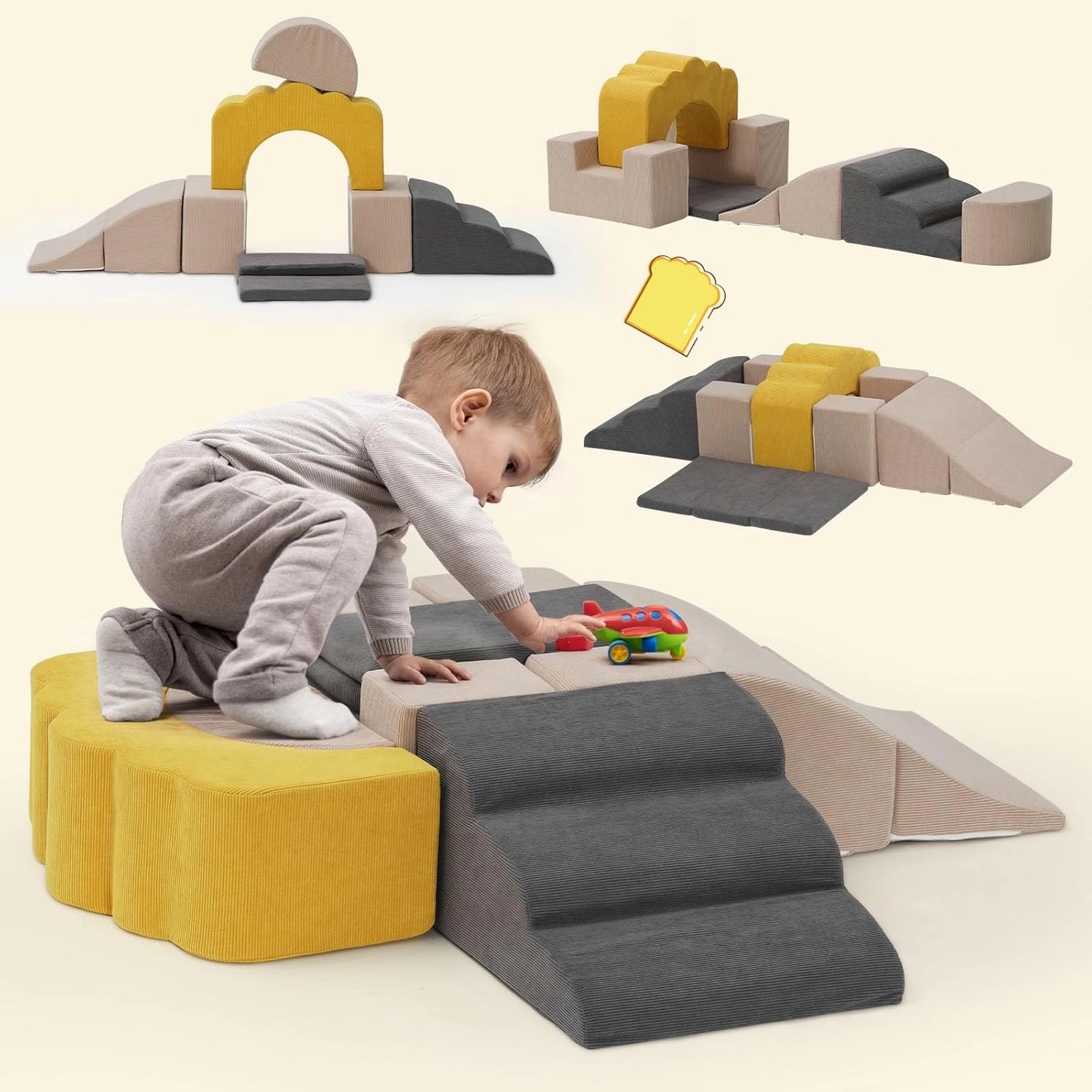 Baby Foam Climbing Blocks,Toast-Shaped Soft Climbing Play Set for Toddlers,Kids Corduroy Crawl&Climb Activity Play Equipment Indoor for Playroom,Beige,Gray&Yellow