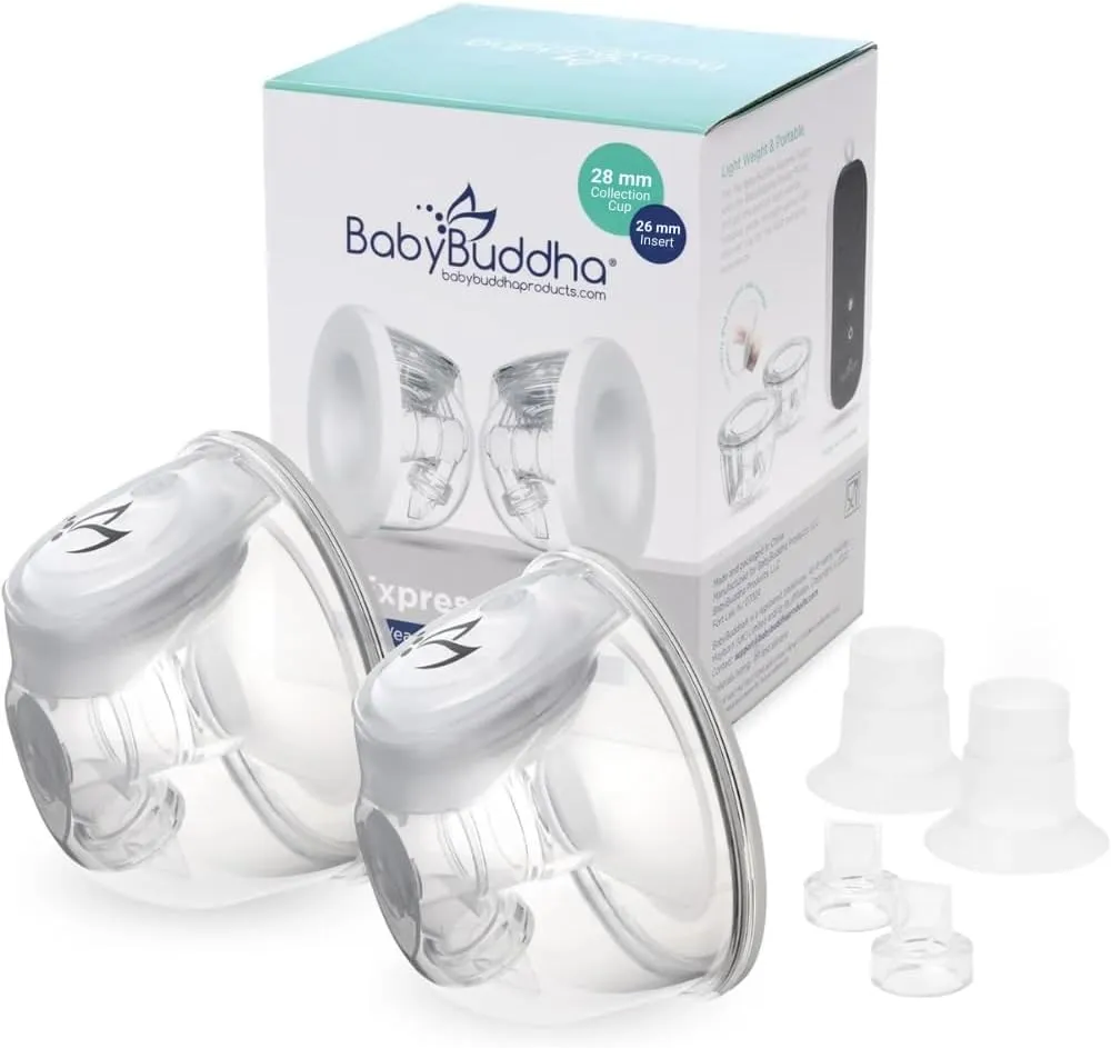 BabyBuddha Hands Free Milk Collection Cups for Breast Pump, 8 Fl Oz Each, Wearable Breastmilk Containers, Compatible with BabyBuddha Pump, Spill Resistant Design, Large Flange 26 to 28mm, 2 Pack