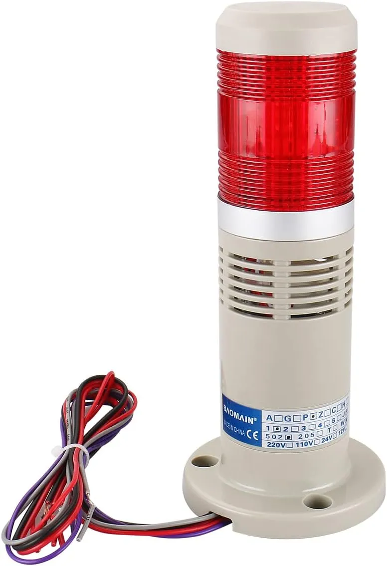 Baomain Alarm Warning Flashing Light 24V DC Industrial with Buzzer Bright Light Red LED Signal Tower Lamp LTP-502WJ