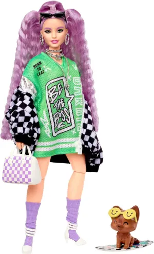 Barbie Extra Doll & Accessories with Crimped Lavendar Hair & Brown Eyes, 15 Toy Pieces Include Pet Puppy