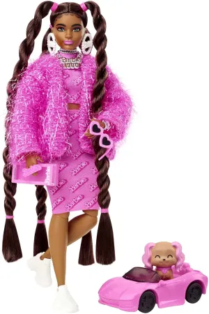 Barbie Extra Doll & Accessories with Long Brunette Styled Hair in Pink 2-Piece Outfit with Sparkly Jacket & Pet Puppy