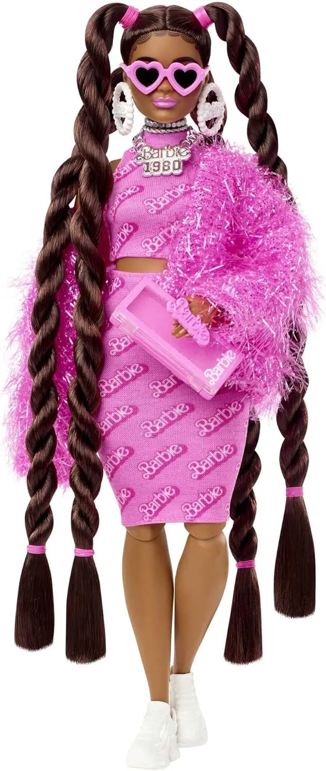 Barbie Extra Doll & Accessories with Long Brunette Styled Hair in Pink 2-Piece Outfit with Sparkly Jacket & Pet Puppy
