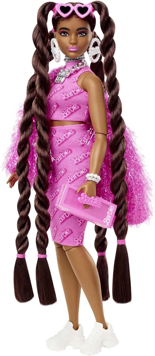 Barbie Extra Doll & Accessories with Long Brunette Styled Hair in Pink 2-Piece Outfit with Sparkly Jacket & Pet Puppy