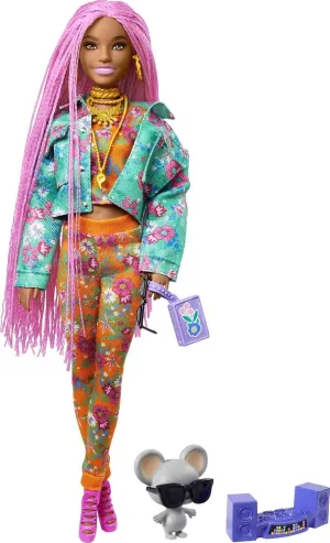 Barbie Extra Doll & Accessories with Long Pink Braids in Teal Floral Jacket & 2-Piece Floral Outfit with DJ Pet Mouse