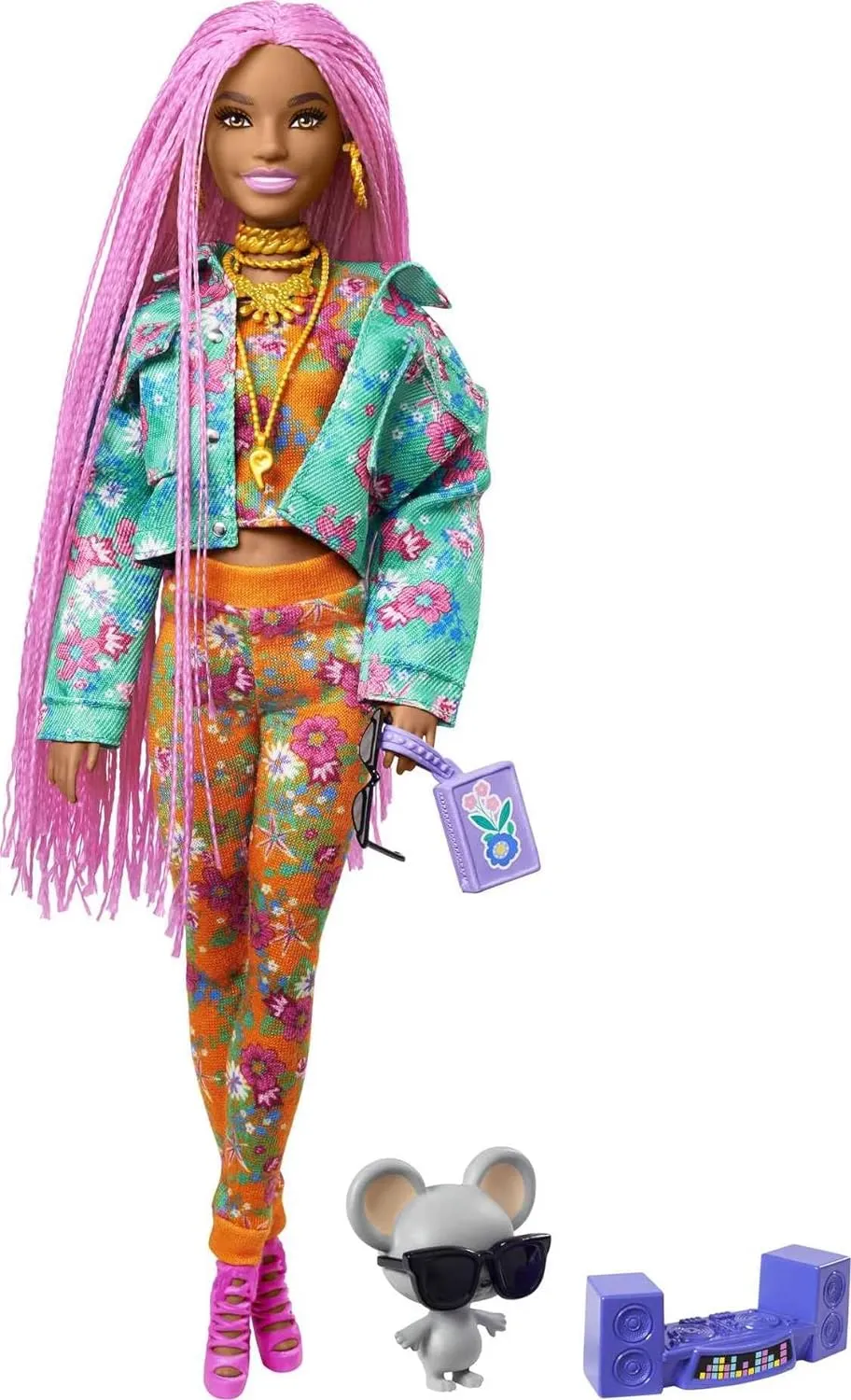 Barbie Extra Doll & Accessories with Long Pink Braids in Teal Floral Jacket & 2-Piece Floral Outfit with DJ Pet Mouse