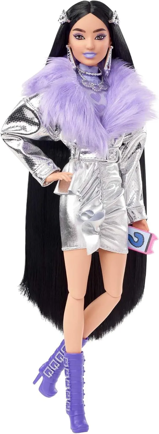 Barbie Extra Doll and Accessories with Black Hair, Lavender Lips, Metallic Silver Jacket and Pet Dalmatian Puppy