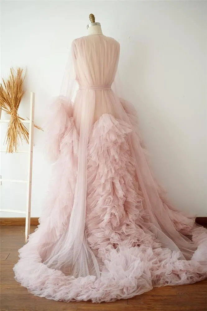 BATHGOWN Sexy Illusion Long Lingerie Tulle Robe Nightgown Bathrobe Sleepwear Bridal Robe Wedding Scarf