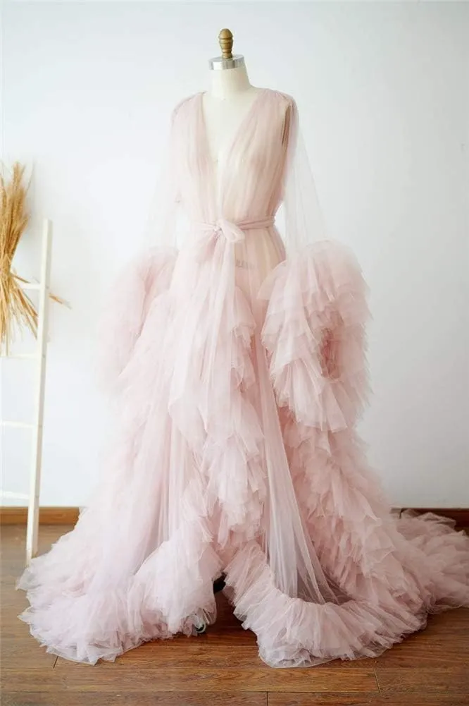 BATHGOWN Sexy Illusion Long Lingerie Tulle Robe Nightgown Bathrobe Sleepwear Bridal Robe Wedding Scarf