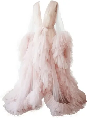 BATHGOWN Sexy Illusion Long Lingerie Tulle Robe Nightgown Bathrobe Sleepwear Bridal Robe Wedding Scarf
