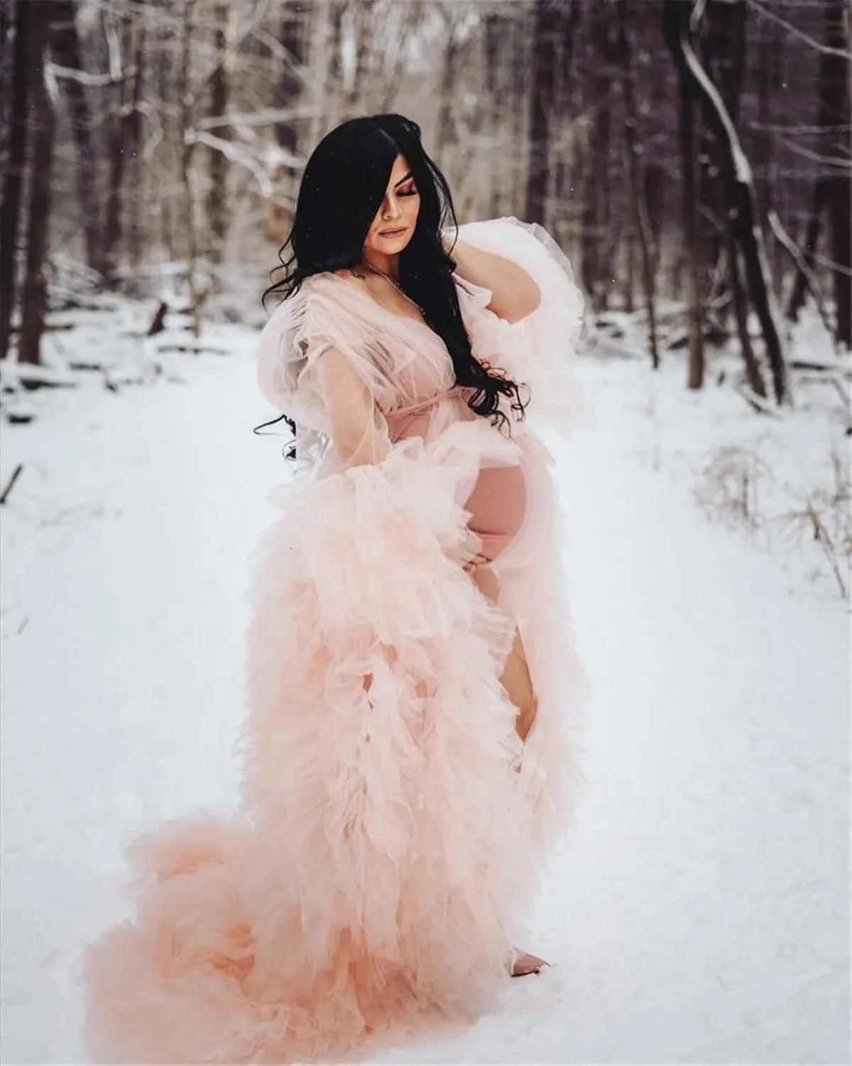 BATHGOWN Sexy Illusion Long Lingerie Tulle Robe Nightgown Bathrobe Sleepwear Bridal Robe Wedding Scarf