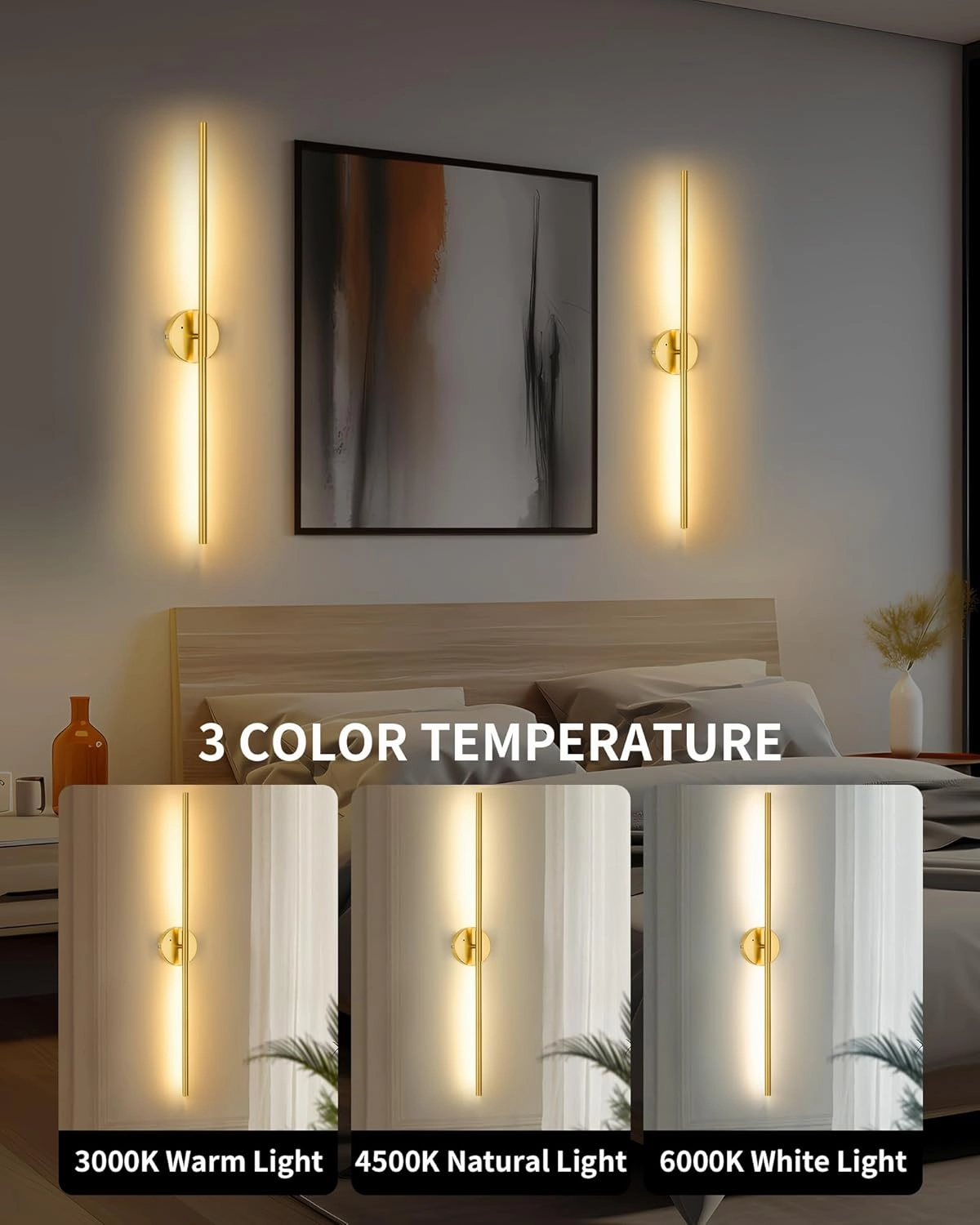 Battery Operated Wall Sconce Set of 2, 24 Inch Wireless Rechargeable Wall Lights with Remote Control, 350° Rotate Dimmable 3000K-6000K LED Wall Lamps with Timer for Living Room, Bedroom, Gold