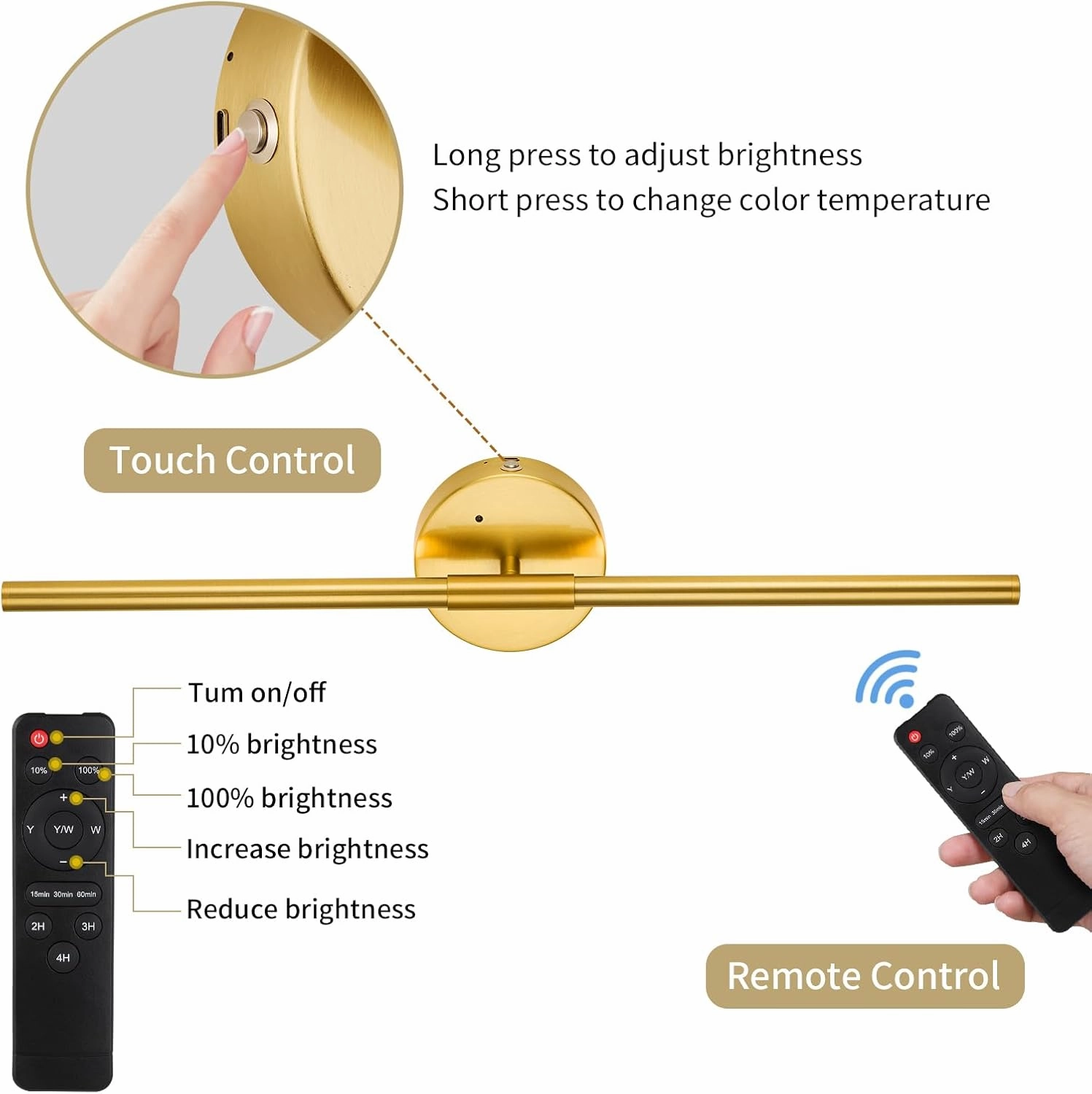 Battery Operated Wall Sconce Set of 2, 24 Inch Wireless Rechargeable Wall Lights with Remote Control, 350° Rotate Dimmable 3000K-6000K LED Wall Lamps with Timer for Living Room, Bedroom, Gold