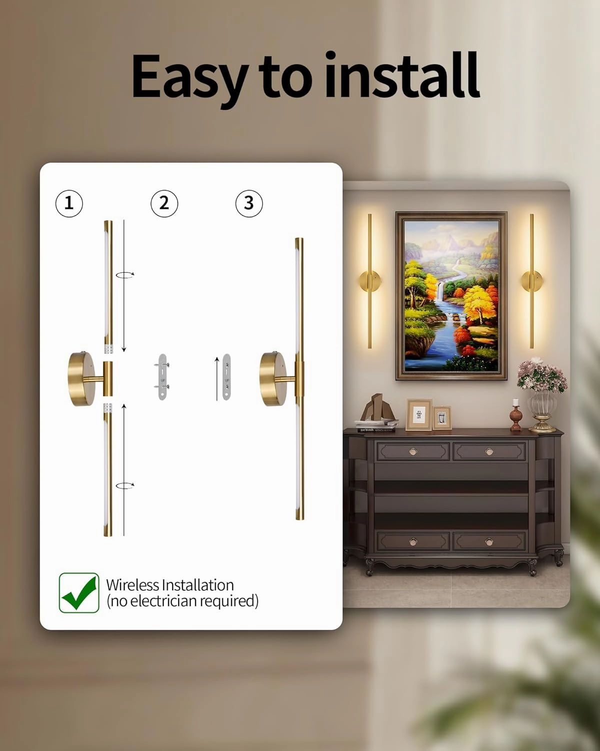 Battery Operated Wall Sconce Set of 2, 24 Inch Wireless Rechargeable Wall Lights with Remote Control, 350° Rotate Dimmable 3000K-6000K LED Wall Lamps with Timer for Living Room, Bedroom, Gold