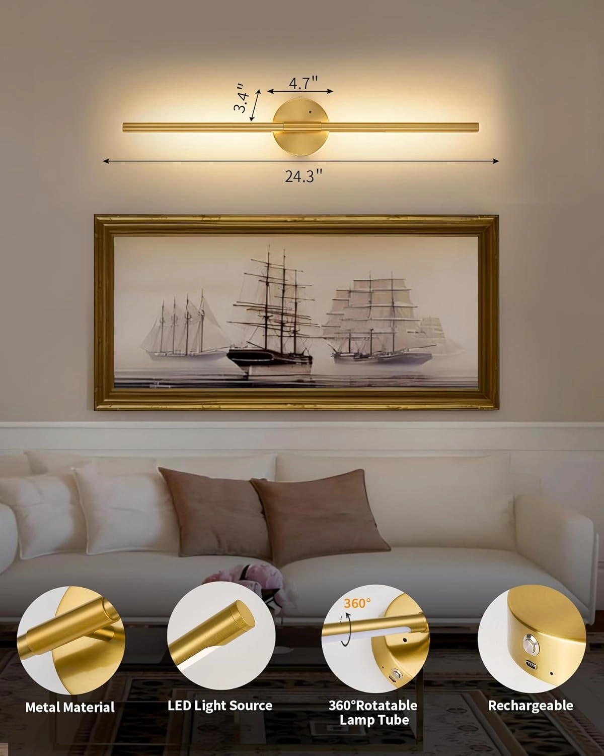 Battery Operated Wall Sconce Set of 2, 24 Inch Wireless Rechargeable Wall Lights with Remote Control, 350° Rotate Dimmable 3000K-6000K LED Wall Lamps with Timer for Living Room, Bedroom, Gold