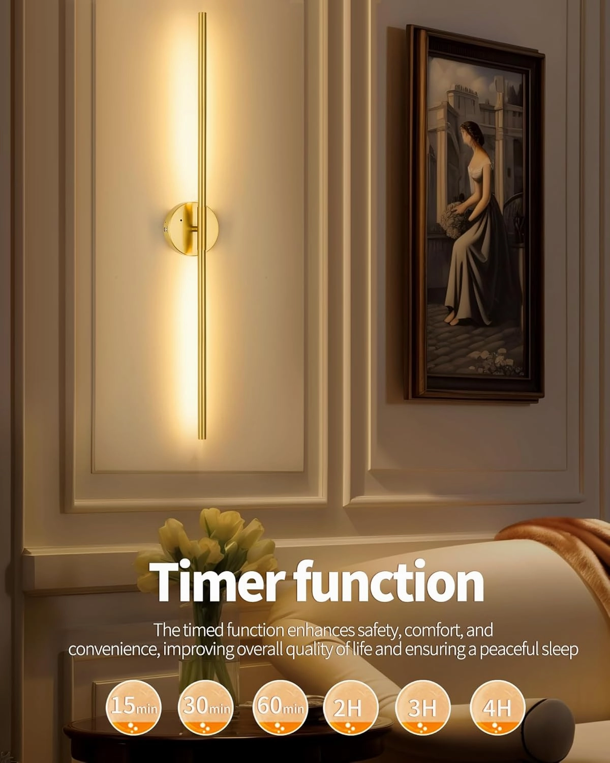 Battery Operated Wall Sconce Set of 2, 24 Inch Wireless Rechargeable Wall Lights with Remote Control, 350° Rotate Dimmable 3000K-6000K LED Wall Lamps with Timer for Living Room, Bedroom, Gold