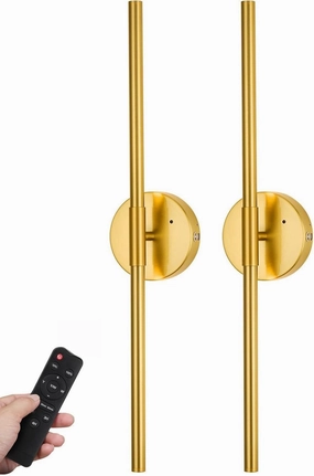 Battery Operated Wall Sconce Set of 2, 24 Inch Wireless Rechargeable Wall Lights with Remote Control, 350° Rotate Dimmable 3000K-6000K LED Wall Lamps with Timer for Living Room, Bedroom, Gold