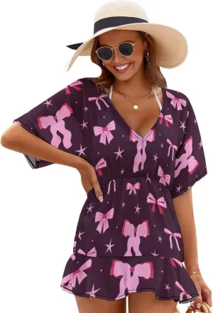 Beach Cover Up for Women,Cute Bows And Ribbons Bathing Suit Cover Up,V-Neck Bikini Beach Dress