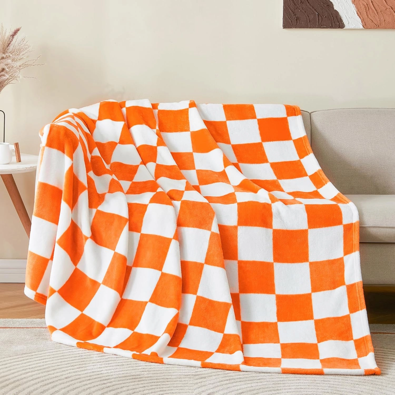 BEDELITE Checkered Throw Blanket for Couch and Bed, Luxurious Fleece Blanket with Checkerboard Grid Home Decor, Soft Cozy Orange and White Warm Blankets for Spring, 50"x60"