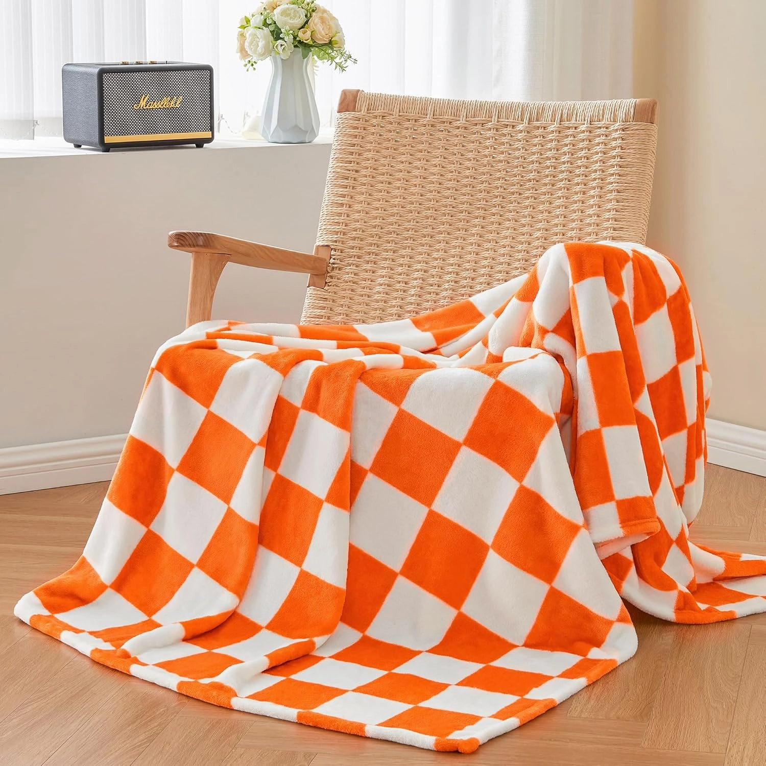 BEDELITE Checkered Throw Blanket for Couch and Bed, Luxurious Fleece Blanket with Checkerboard Grid Home Decor, Soft Cozy Orange and White Warm Blankets for Spring, 50"x60"