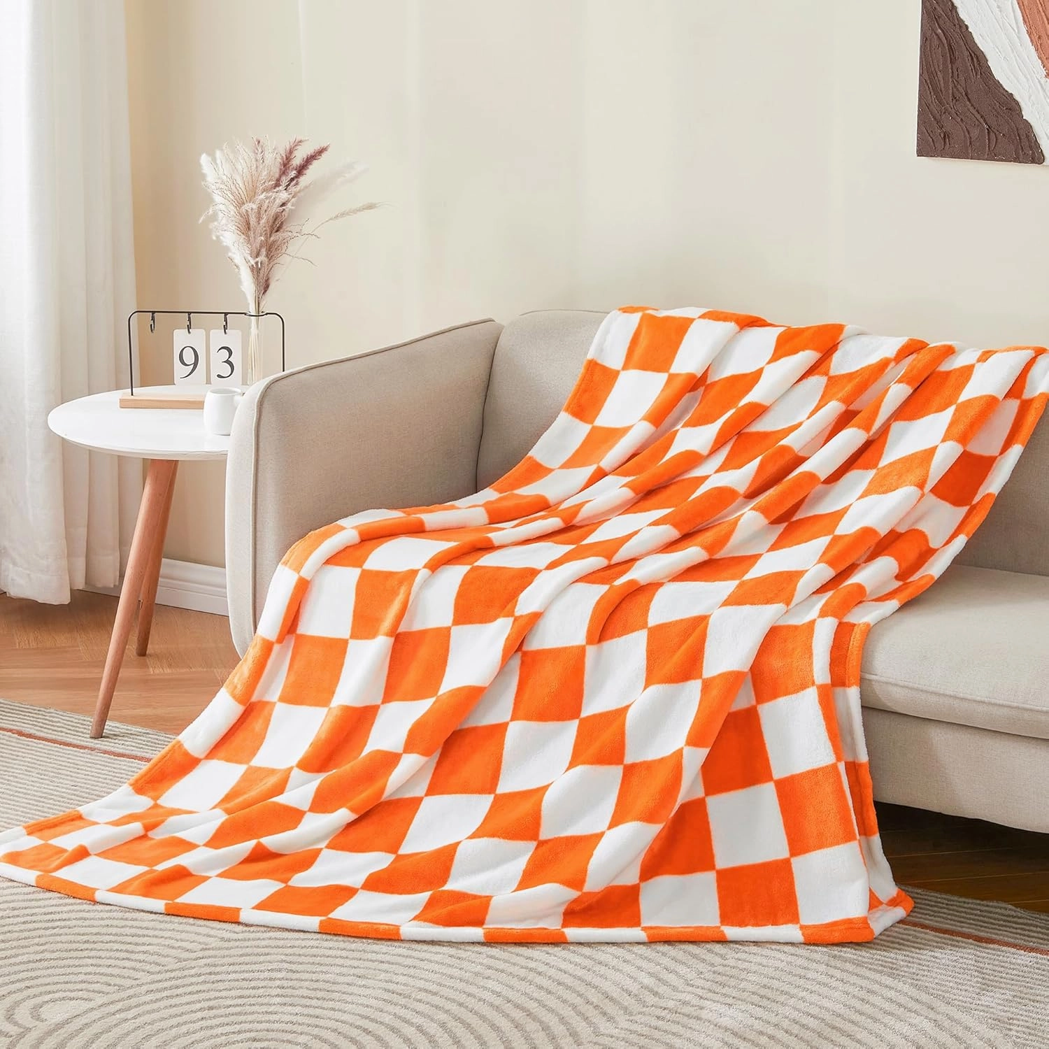 BEDELITE Checkered Throw Blanket for Couch and Bed, Luxurious Fleece Blanket with Checkerboard Grid Home Decor, Soft Cozy Orange and White Warm Blankets for Spring, 50"x60"