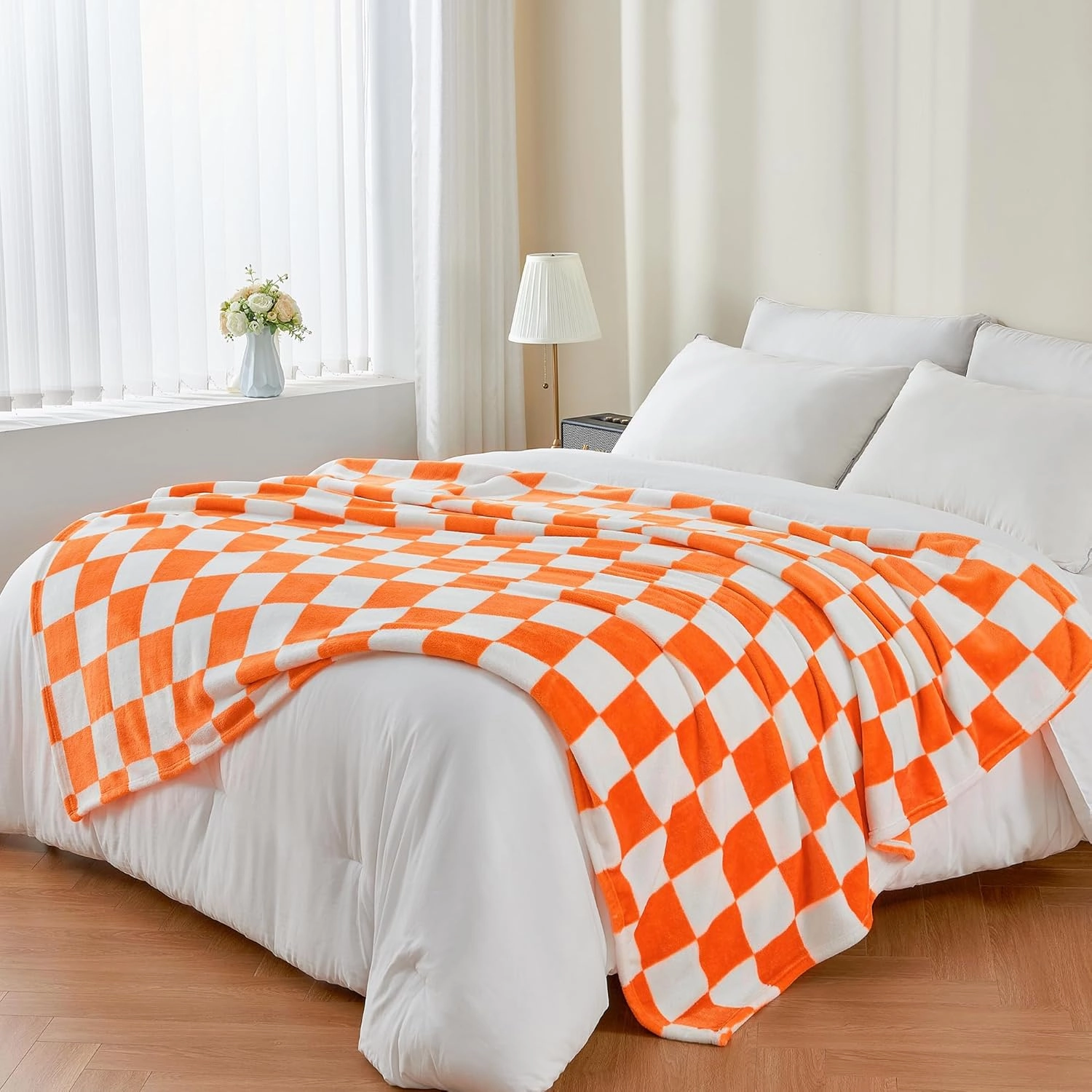 BEDELITE Checkered Throw Blanket for Couch and Bed, Luxurious Fleece Blanket with Checkerboard Grid Home Decor, Soft Cozy Orange and White Warm Blankets for Spring, 50"x60"