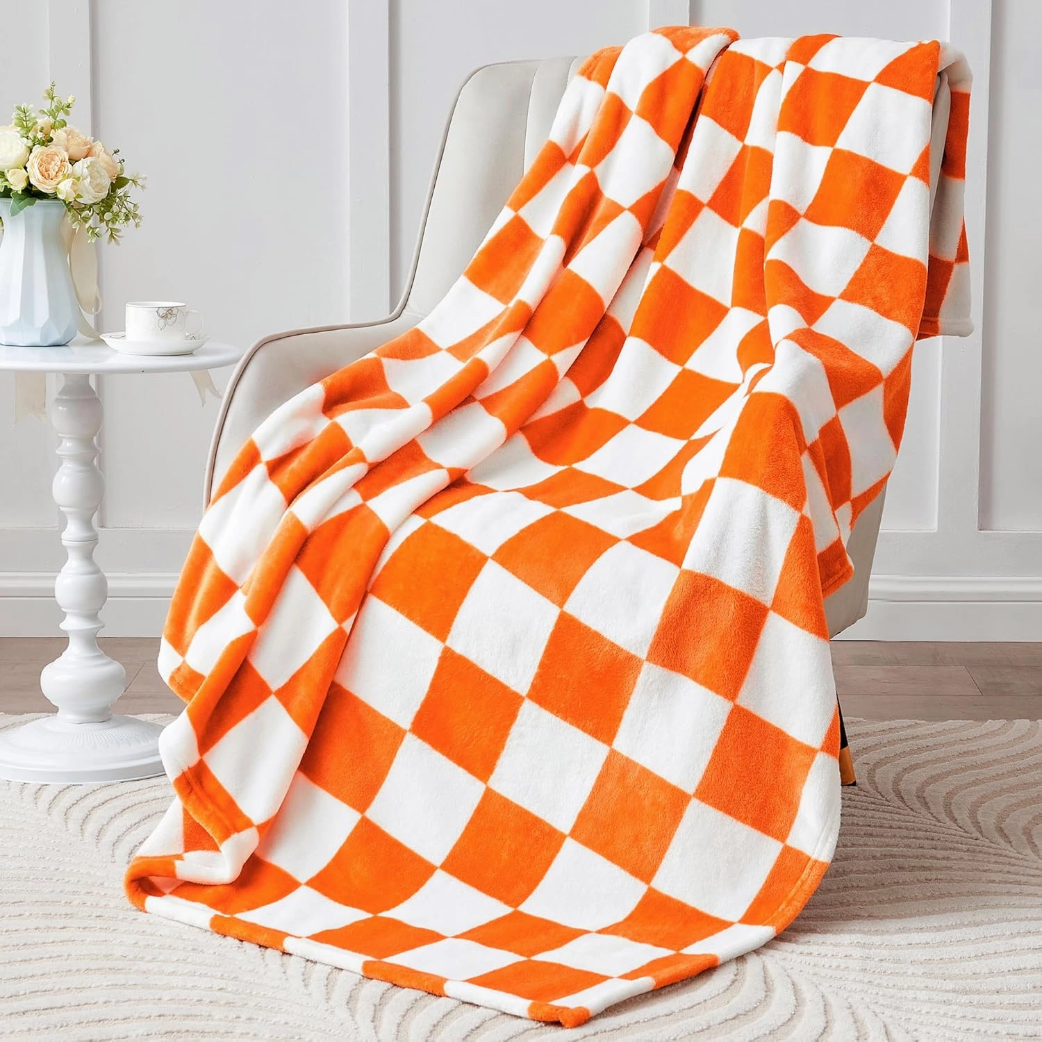 BEDELITE Checkered Throw Blanket for Couch and Bed, Luxurious Fleece Blanket with Checkerboard Grid Home Decor, Soft Cozy Orange and White Warm Blankets for Spring, 50"x60"