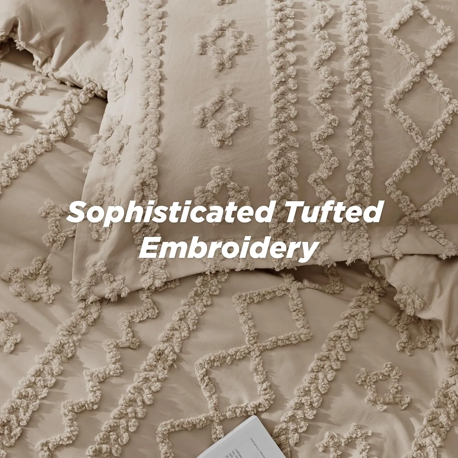 Bedsure Tufted Boho Comforter Set Queen Size - Khaki Boho Bed Set, GentleSoft™ 3 Pieces Farmhouse Shabby Chic Embroidery Bedding, Gifts for Woman, Soft Jacquard Queen Comforter for All Seasons