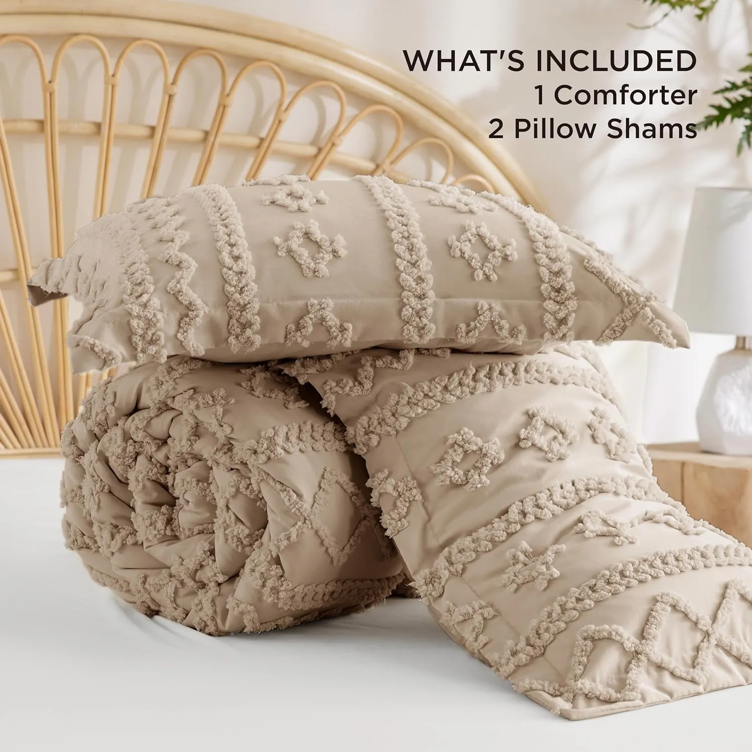 Bedsure Tufted Boho Comforter Set Queen Size - Khaki Boho Bed Set, GentleSoft™ 3 Pieces Farmhouse Shabby Chic Embroidery Bedding, Gifts for Woman, Soft Jacquard Queen Comforter for All Seasons