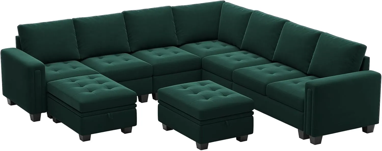 Belffin Modular Sectional Sofa U Shaped Sectional Couch with Storage Ottoman Velvet 9-Seater Convertible Sectional Sofa with Chaises Green