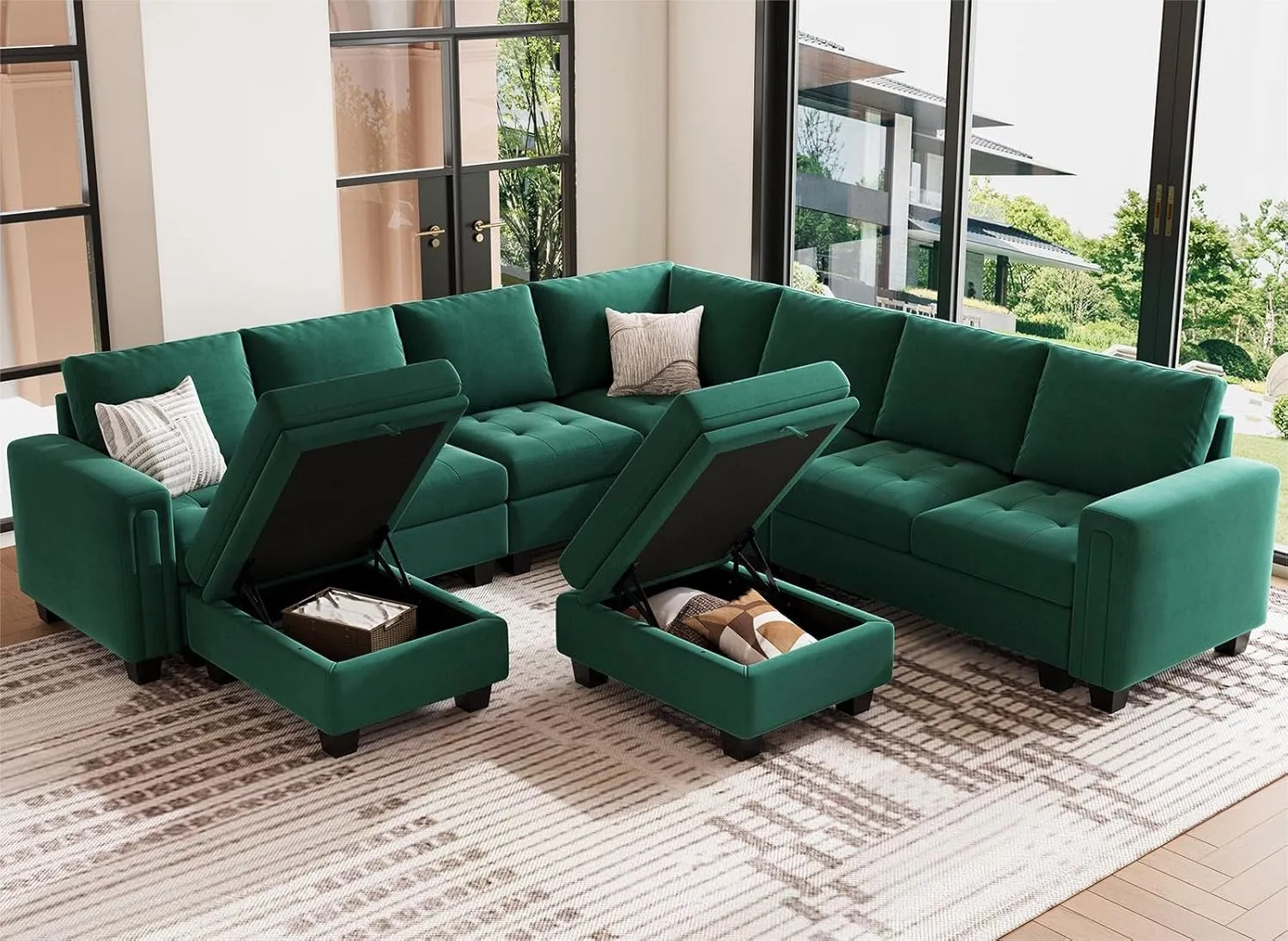 Belffin Modular Sectional Sofa U Shaped Sectional Couch with Storage Ottoman Velvet 9-Seater Convertible Sectional Sofa with Chaises Green
