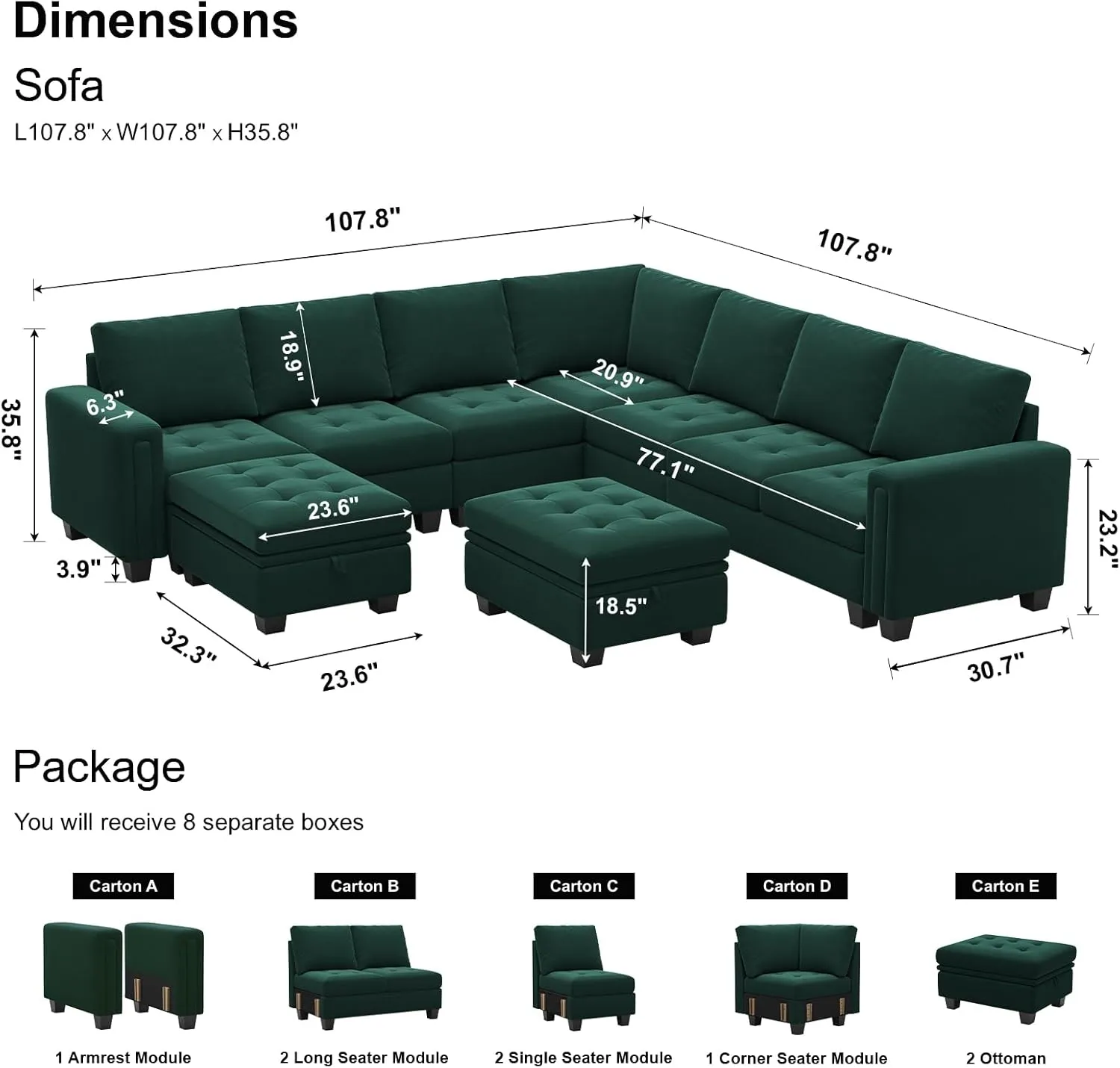 Belffin Modular Sectional Sofa U Shaped Sectional Couch with Storage Ottoman Velvet 9-Seater Convertible Sectional Sofa with Chaises Green