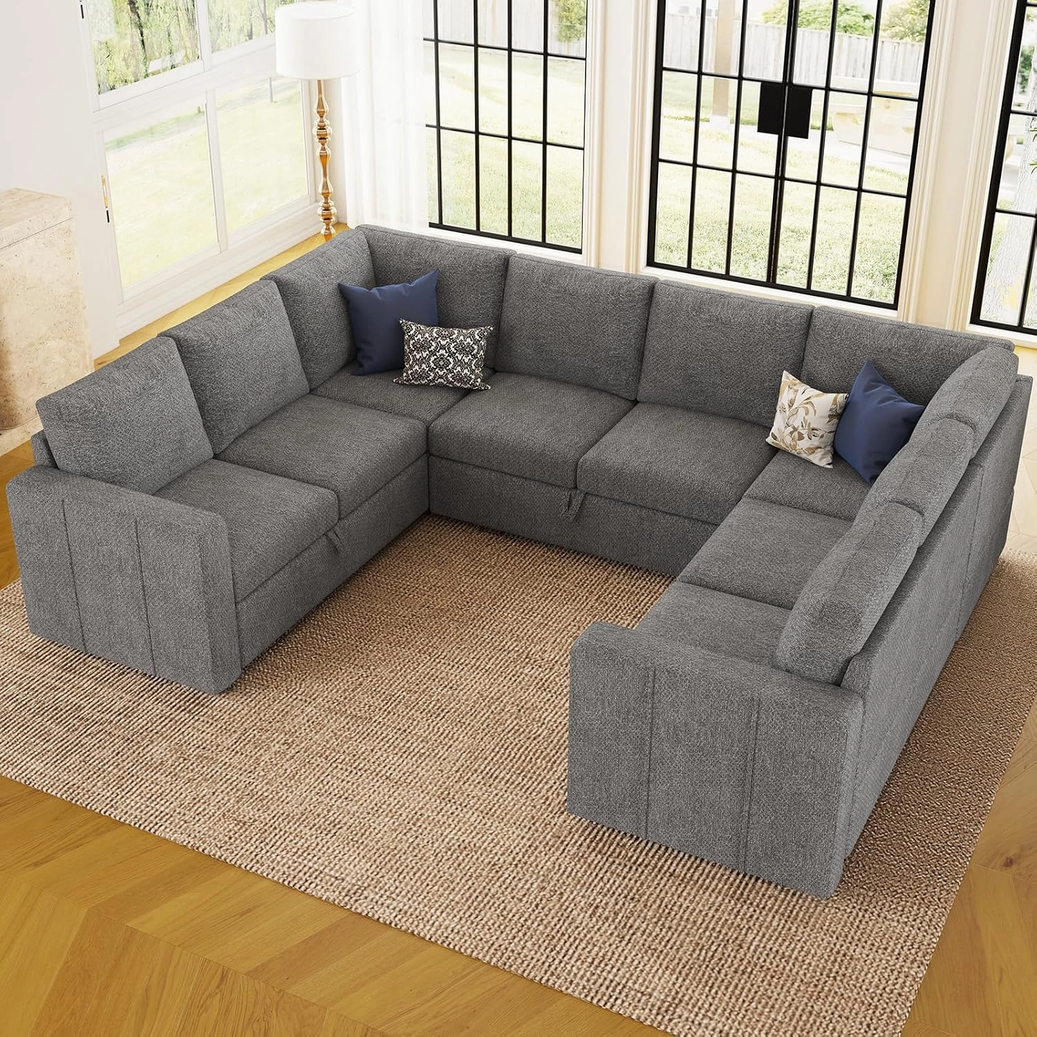 Belffin Modular Sectional Sleeper Sofa Bed with Pull Out Couch, Oversized U Shaped Sleeper Pull Out Bed with Storage Loveseat, Convertible Sectional Couches for Living Room, Light Grey