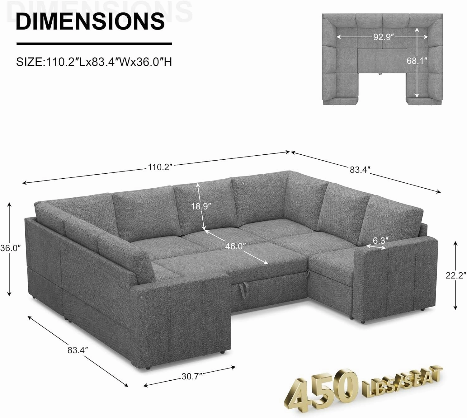 Belffin Modular Sectional Sleeper Sofa Bed with Pull Out Couch, Oversized U Shaped Sleeper Pull Out Bed with Storage Loveseat, Convertible Sectional Couches for Living Room, Light Grey