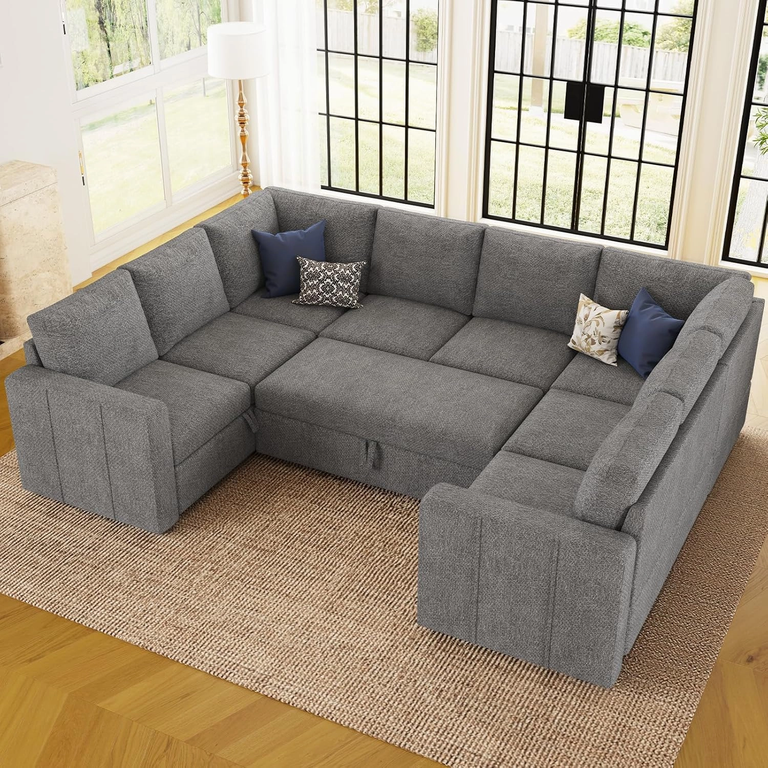 Belffin Modular Sectional Sleeper Sofa Bed with Pull Out Couch, Oversized U Shaped Sleeper Pull Out Bed with Storage Loveseat, Convertible Sectional Couches for Living Room, Light Grey