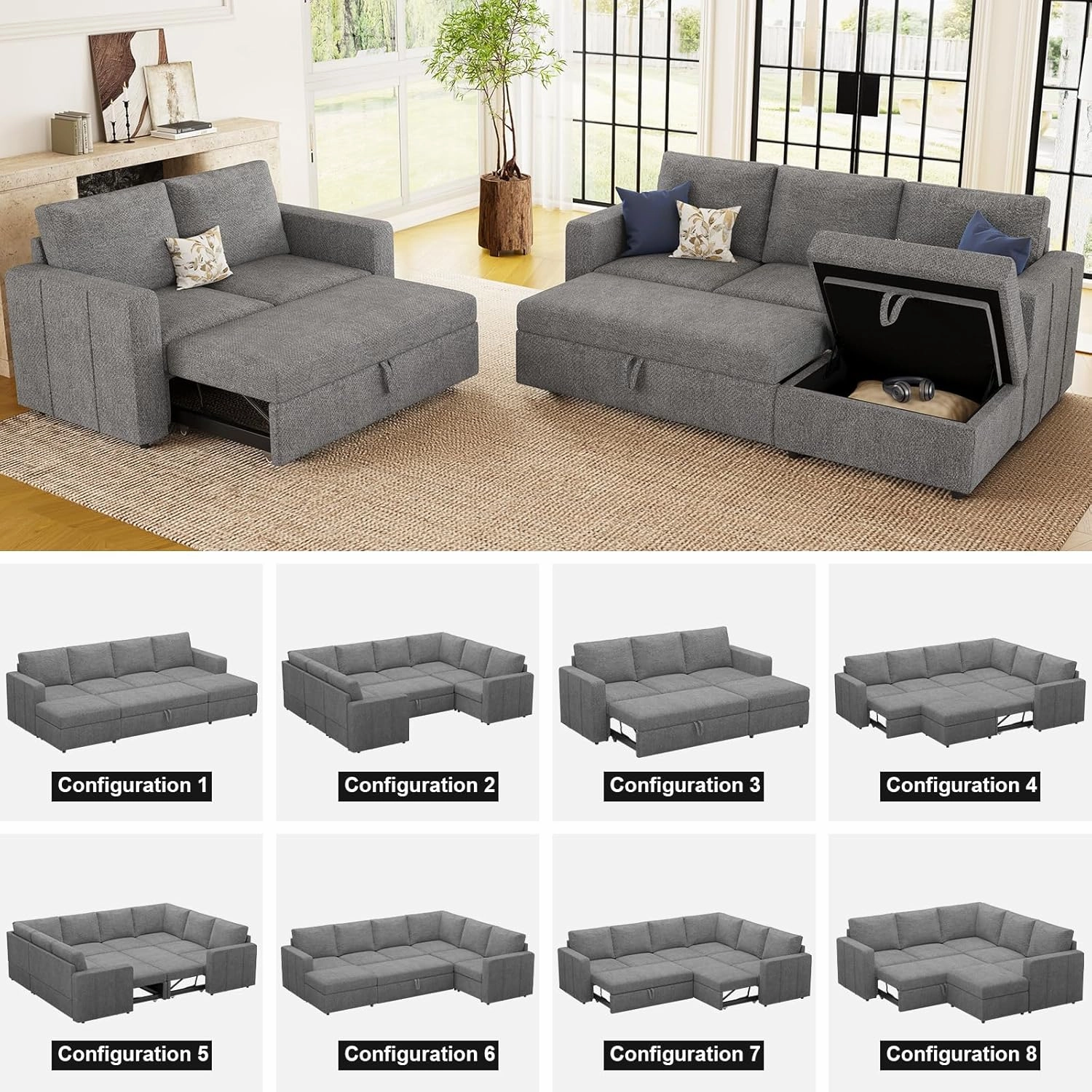 Belffin Modular Sectional Sleeper Sofa Bed with Pull Out Couch, Oversized U Shaped Sleeper Pull Out Bed with Storage Loveseat, Convertible Sectional Couches for Living Room, Light Grey
