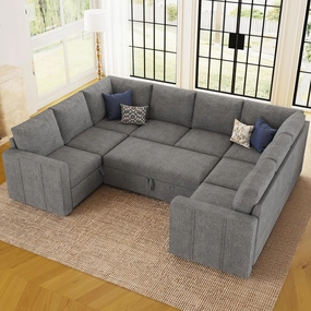 Belffin Modular Sectional Sleeper Sofa Bed with Pull Out Couch, Oversized U Shaped Sleeper Pull Out Bed with Storage Loveseat, Convertible Sectional Couches for Living Room, Light Grey