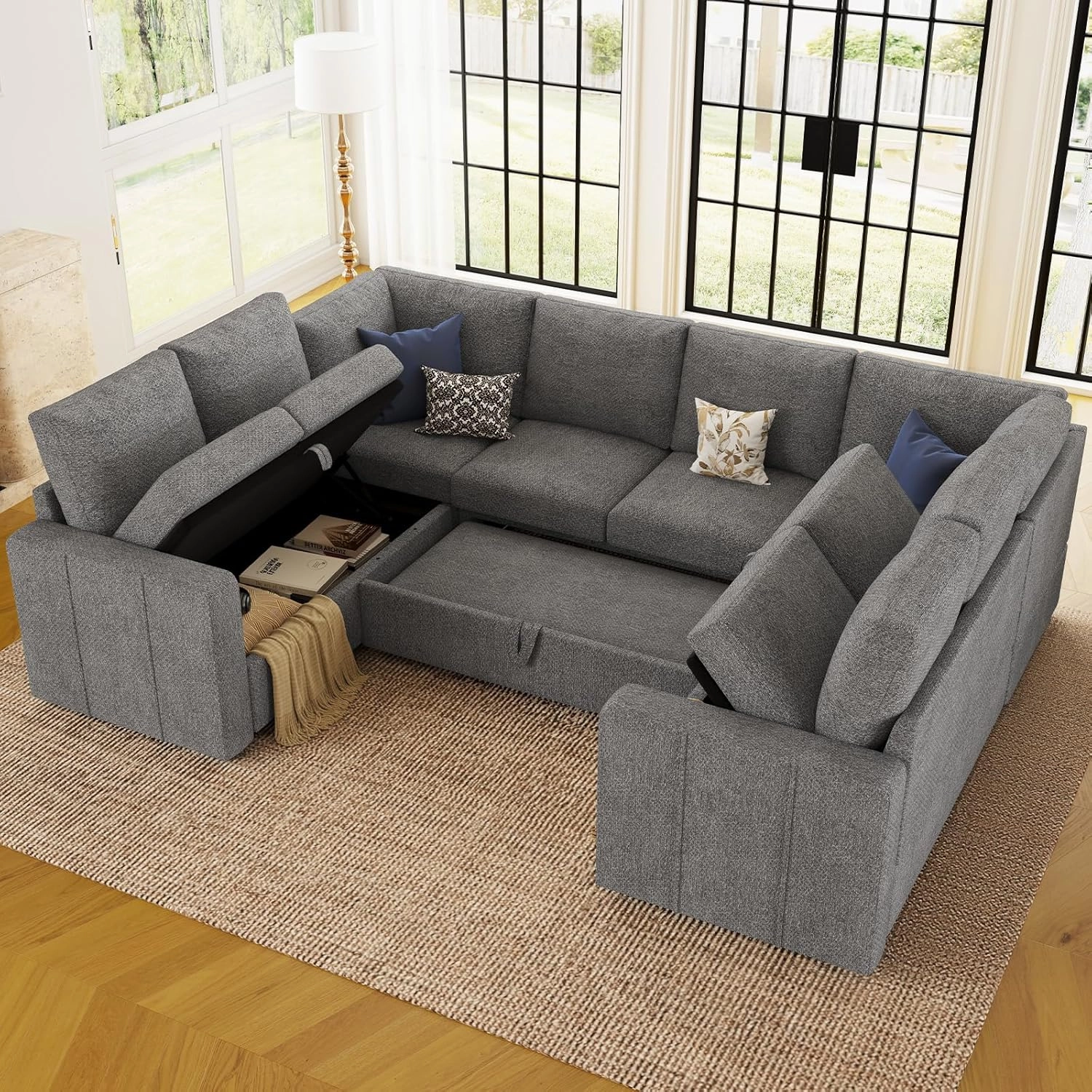 Belffin Modular Sectional Sleeper Sofa Bed with Pull Out Couch, Oversized U Shaped Sleeper Pull Out Bed with Storage Loveseat, Convertible Sectional Couches for Living Room, Light Grey
