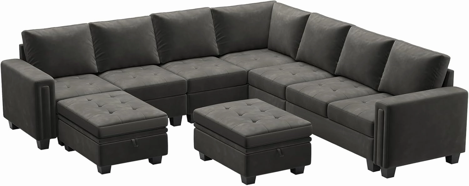 Belffin Modular Sectional Sofa U Shaped Sectional Couch with Storage Ottoman Velvet 9-Seater Convertible Sectional Sofa with Chaises Grey