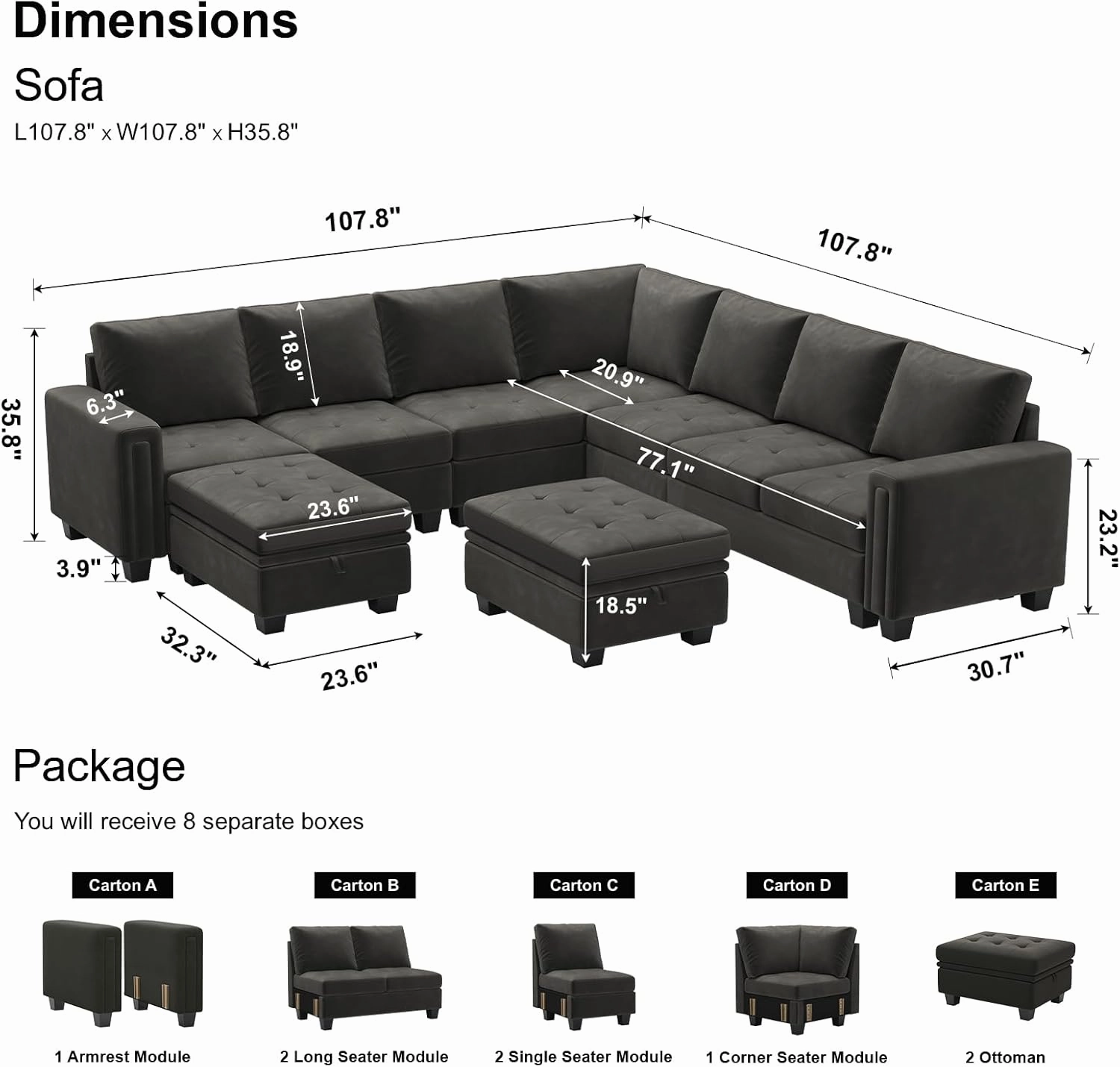 Belffin Modular Sectional Sofa U Shaped Sectional Couch with Storage Ottoman Velvet 9-Seater Convertible Sectional Sofa with Chaises Grey