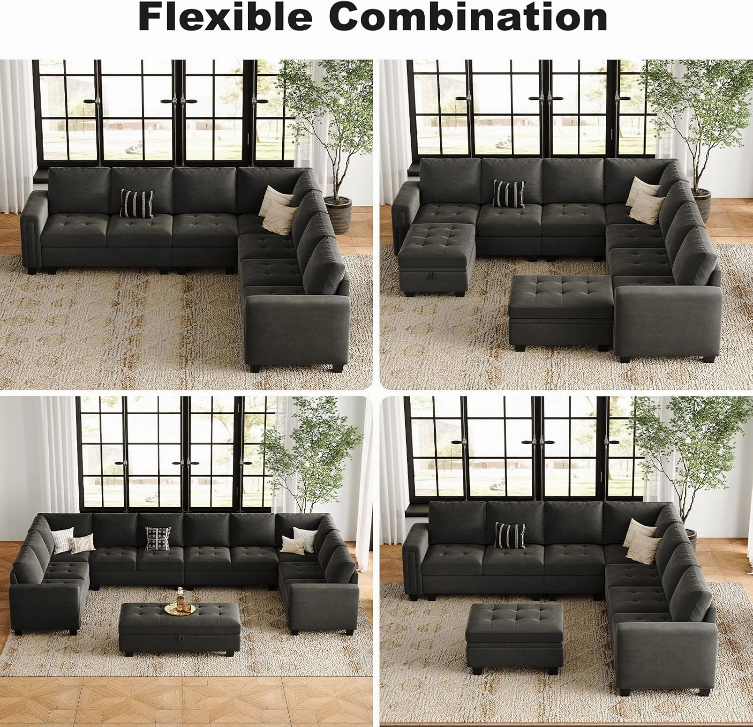 Belffin Modular Sectional Sofa U Shaped Sectional Couch with Storage Ottoman Velvet 9-Seater Convertible Sectional Sofa with Chaises Grey
