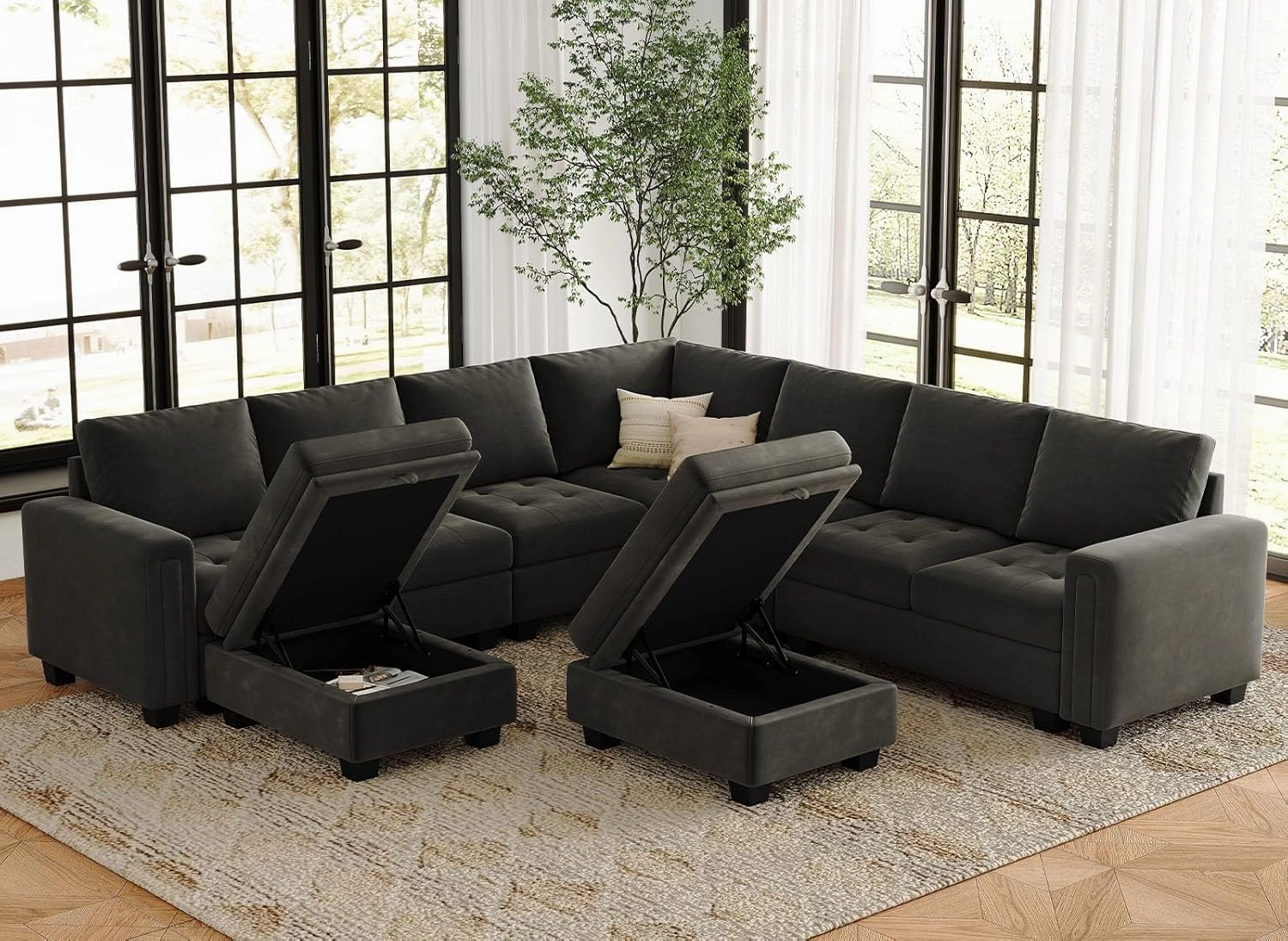 Belffin Modular Sectional Sofa U Shaped Sectional Couch with Storage Ottoman Velvet 9-Seater Convertible Sectional Sofa with Chaises Grey