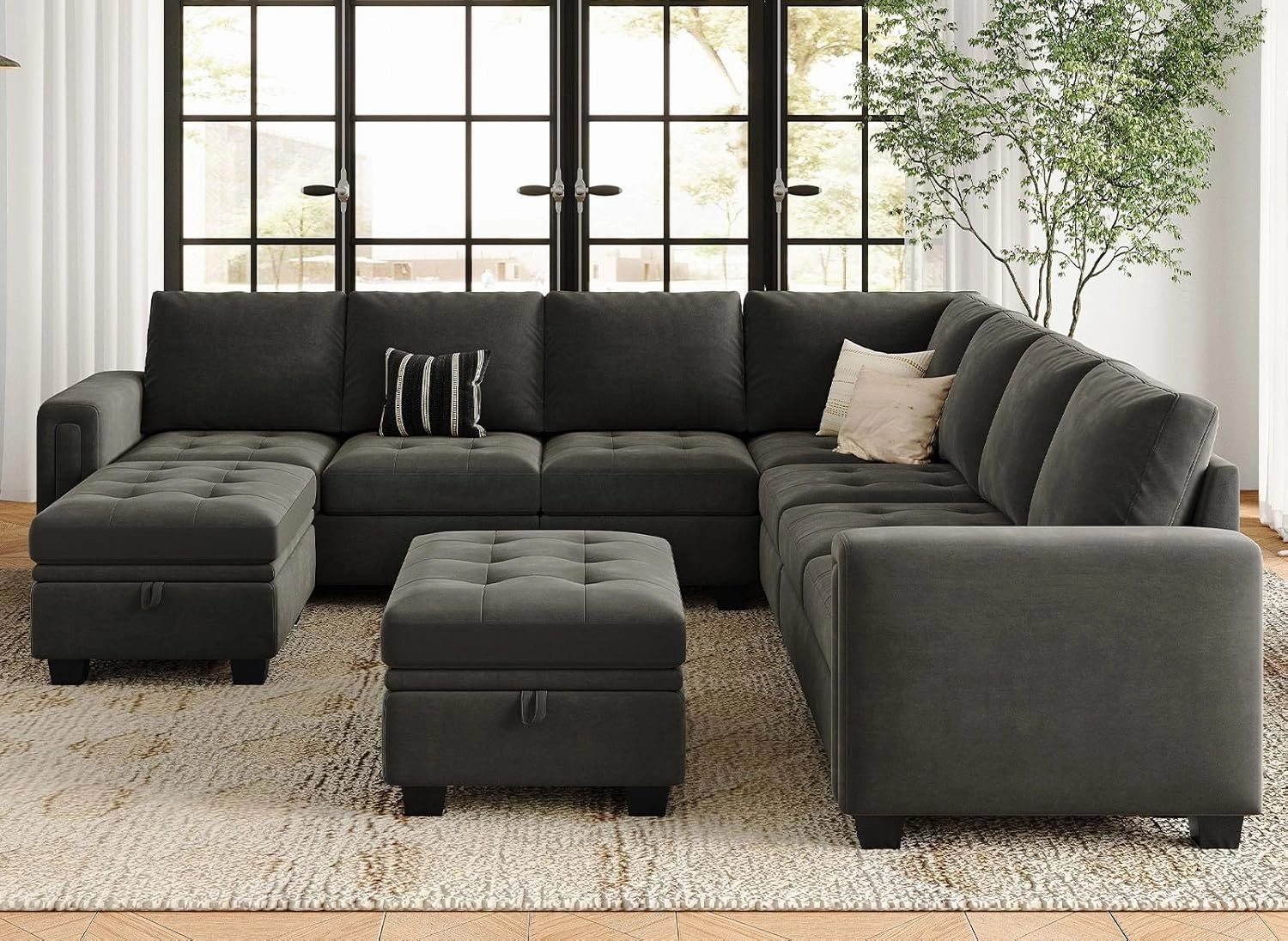 Belffin Modular Sectional Sofa U Shaped Sectional Couch with Storage Ottoman Velvet 9-Seater Convertible Sectional Sofa with Chaises Grey