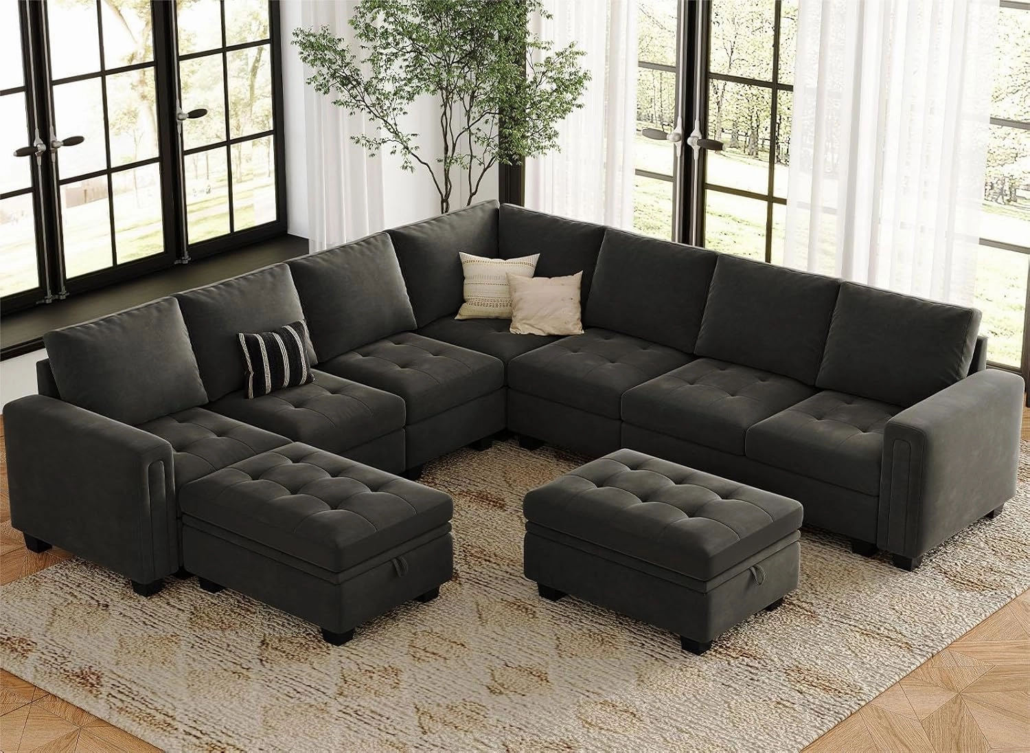 Belffin Modular Sectional Sofa U Shaped Sectional Couch with Storage Ottoman Velvet 9-Seater Convertible Sectional Sofa with Chaises Grey