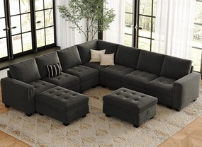Belffin Modular Sectional Sofa U Shaped Sectional Couch with Storage Ottoman Velvet 9-Seater Convertible Sectional Sofa with Chaises Grey