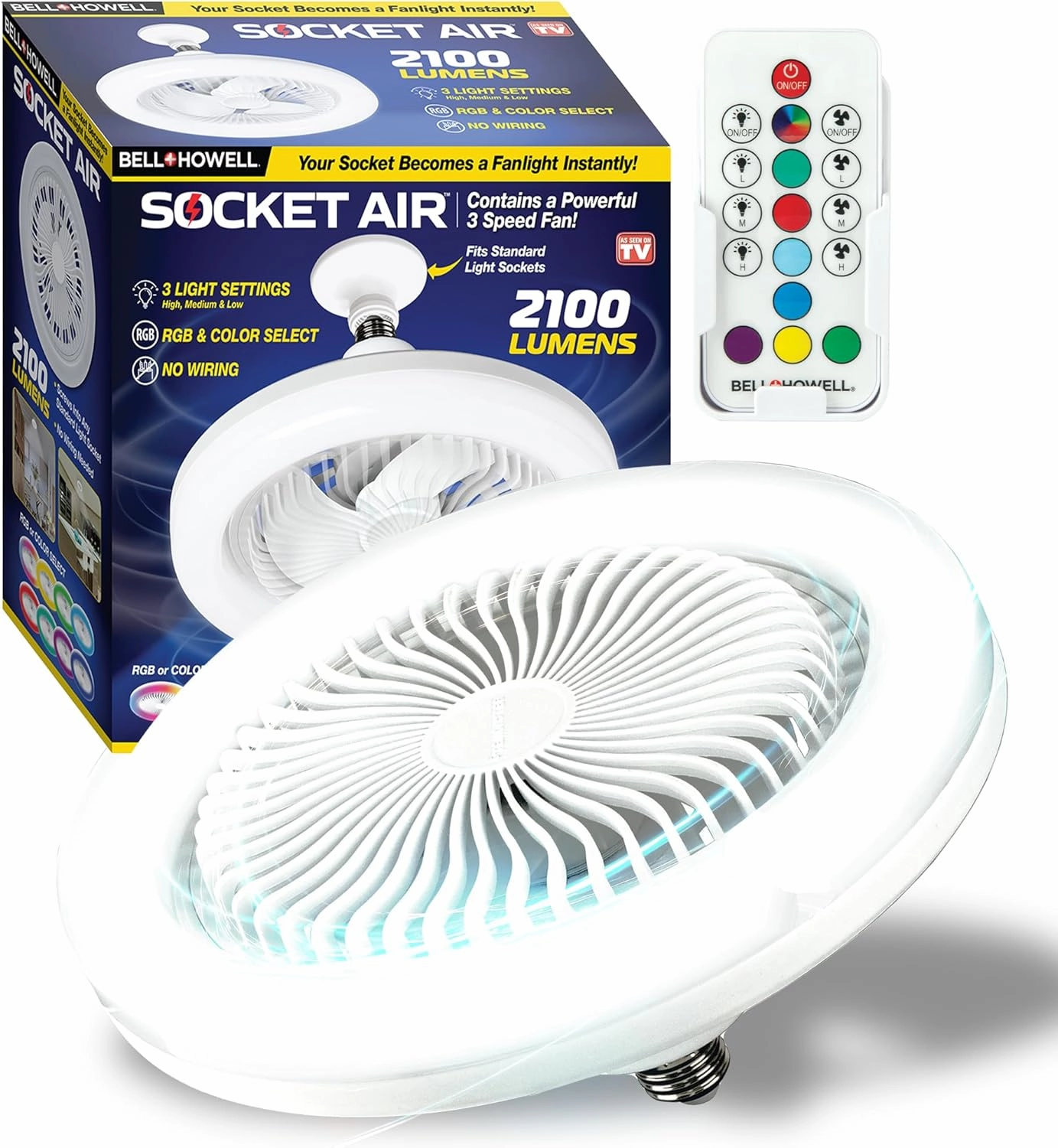 Bell Howell Socket Air Wireless Ceiling Fan Light with Remote Control, Extender,110-120 Volt, 2100 Lumens, 3 Fan Speeds, 3 Light Settings, 6500K for Living, Dining, Working Space ASON TV