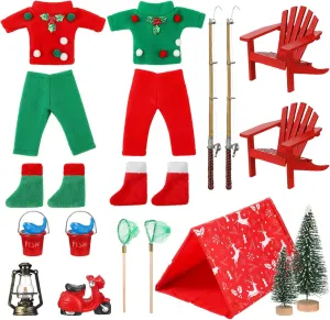 Bencailor 19 Pcs Christmas Doll Accessories Set Include Doll Fishing Outfit Camping Accessories for Dollhouse Xmas Doll Clothes and Accessories Gifts for Family,Doll is Not Included