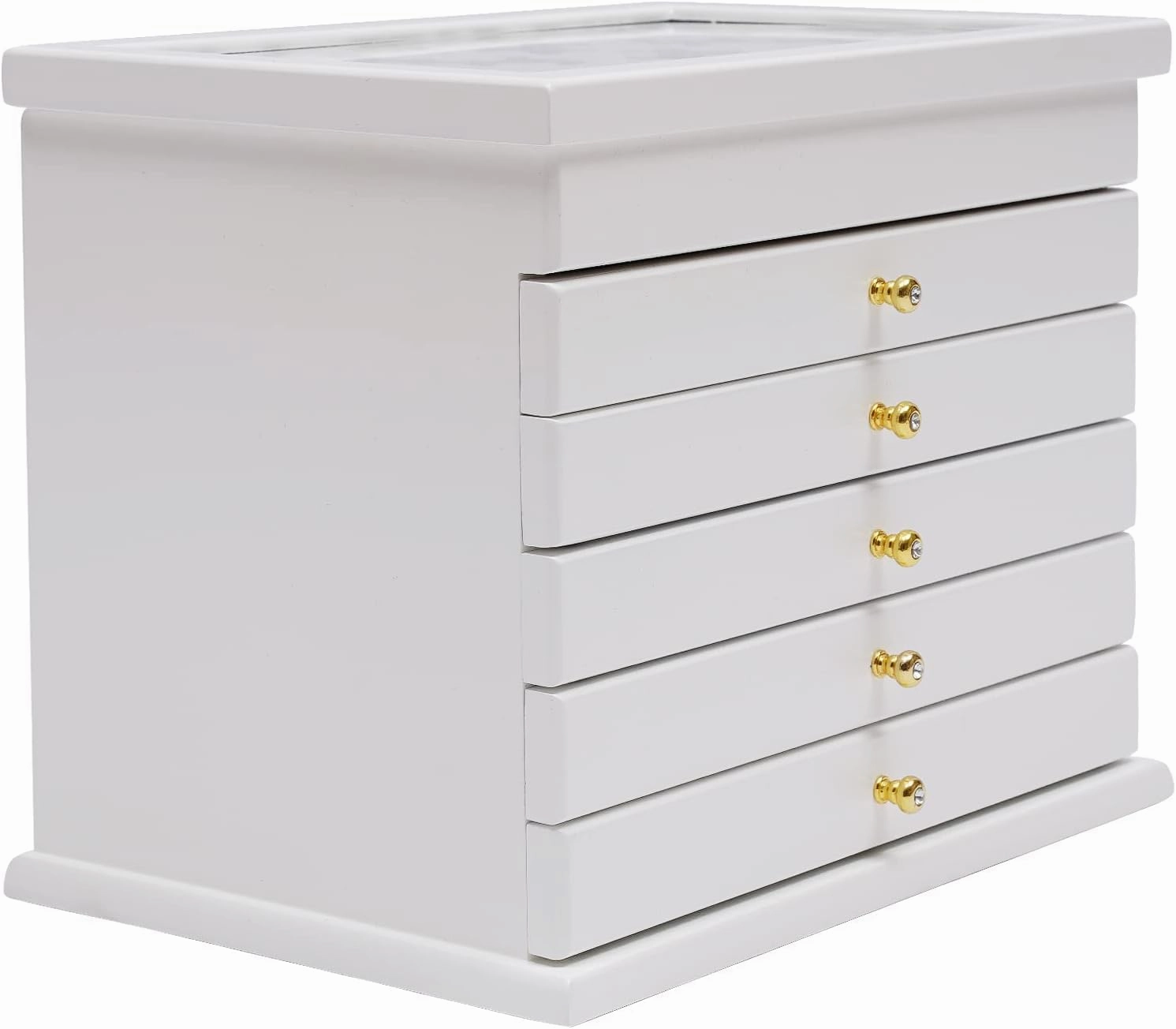 Bepritm 6-Layer Wooden Jewelry Box Organizer for Women, Large Storage Case with 5 Drawers, Solid Wood Dresser Top Box for Necklaces, Rings, Earrings & Watches (12.2x7.9x9.6in White)