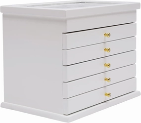 Bepritm 6-Layer Wooden Jewelry Box Organizer for Women, Large Storage Case with 5 Drawers, Solid Wood Dresser Top Box for Necklaces, Rings, Earrings & Watches (12.2x7.9x9.6in White)