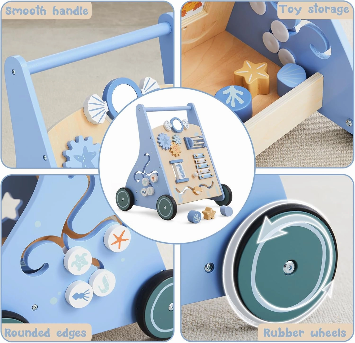 Beright Wooden Baby Walker Push and Pull Learning Activity Walker with Wheels Montessori Walker Toy Multiple Activities Center Develops Motor Skills & Stimulates Creativity (Blue)