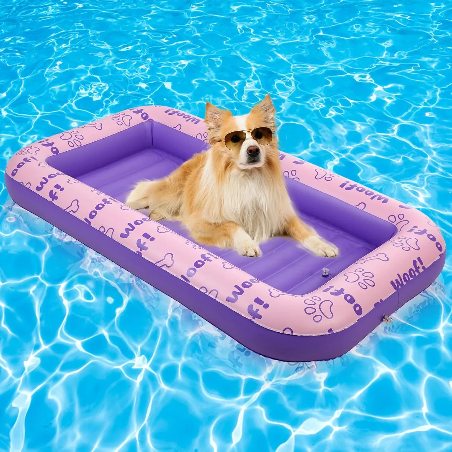 BINGPET Inflatable Dog Floating Raft for Summer Pool, Durable and Foldable Pet Pool Rafts & Inflatable Ride-ons, with Cute Footprint and Bone Patterns, Hold Up to 100 pounds (Pink)